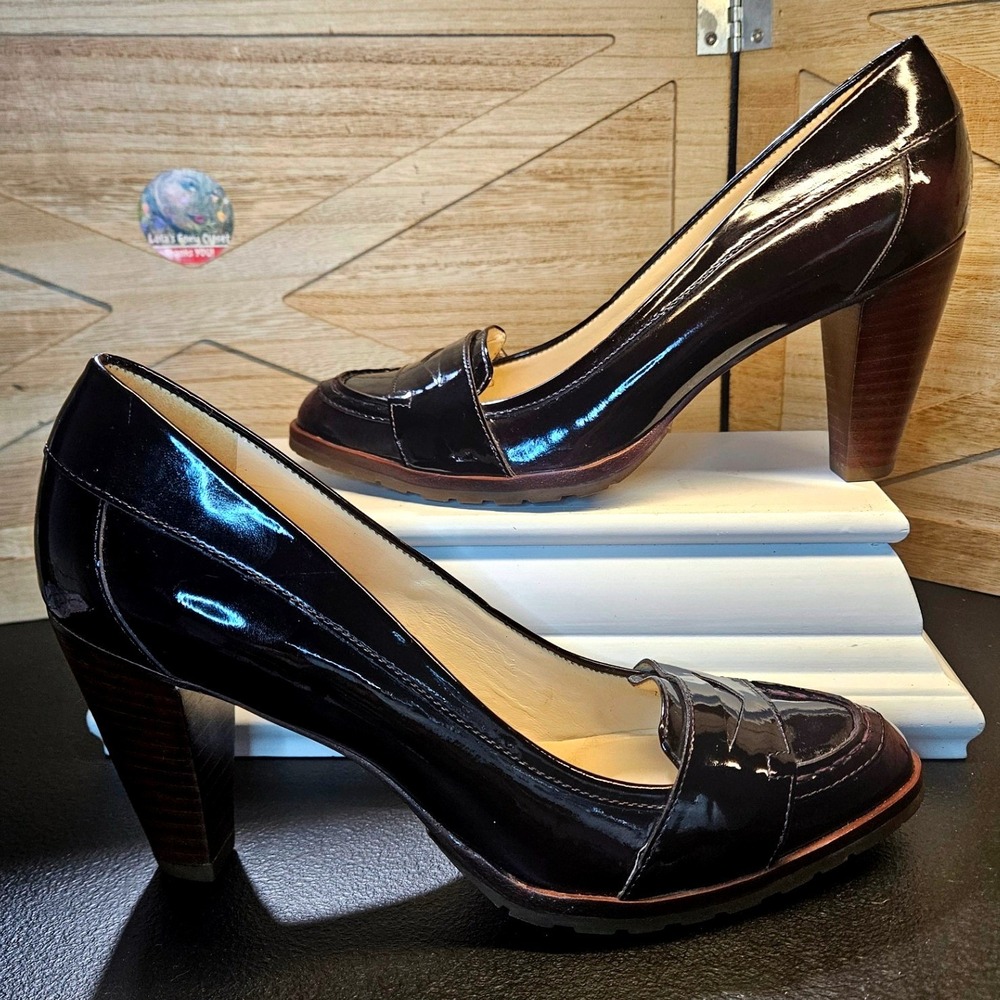 Cole Haan Penny Loafer Pumps 8.5 Twee Black Wine Patent Nike Air Block Heel #735